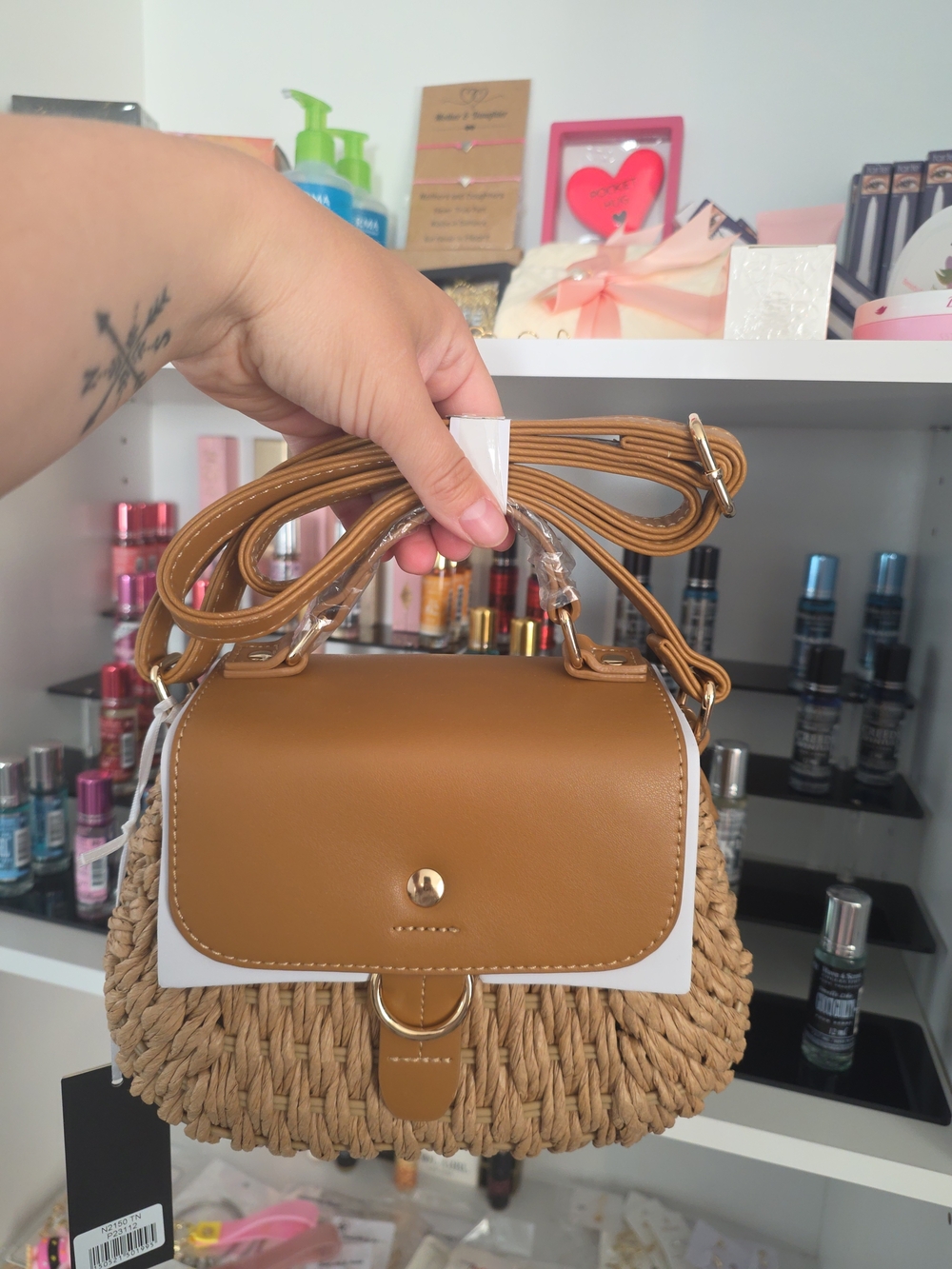 Woven Straw Crossbody Bag with Tan Faux Leather Flap (Mystery Gift Inside)